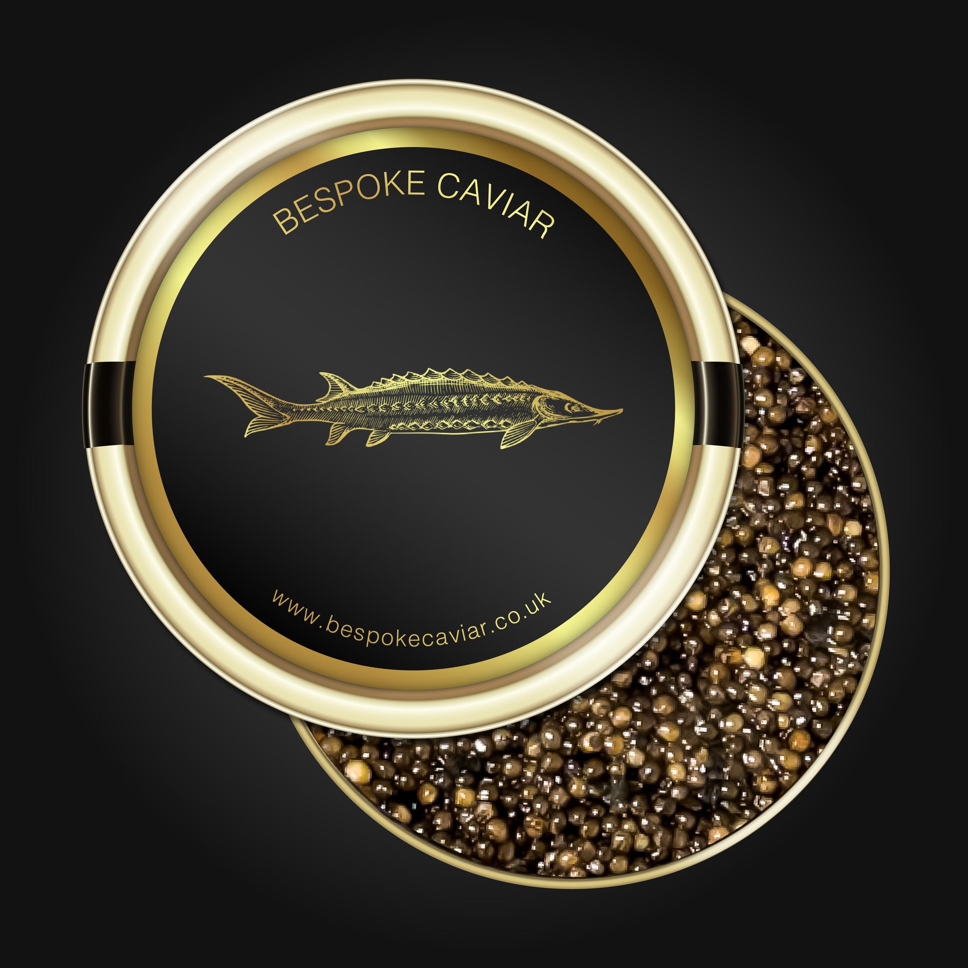 Multi tone imperial caviar in gold tin with bespoke caviar label 